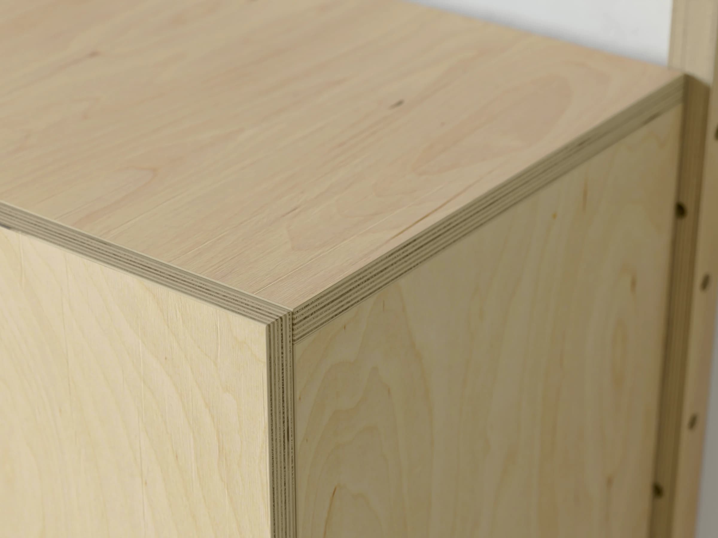 The corner of a cabinet, showing the layered edges of the birch plywood, beside a rail