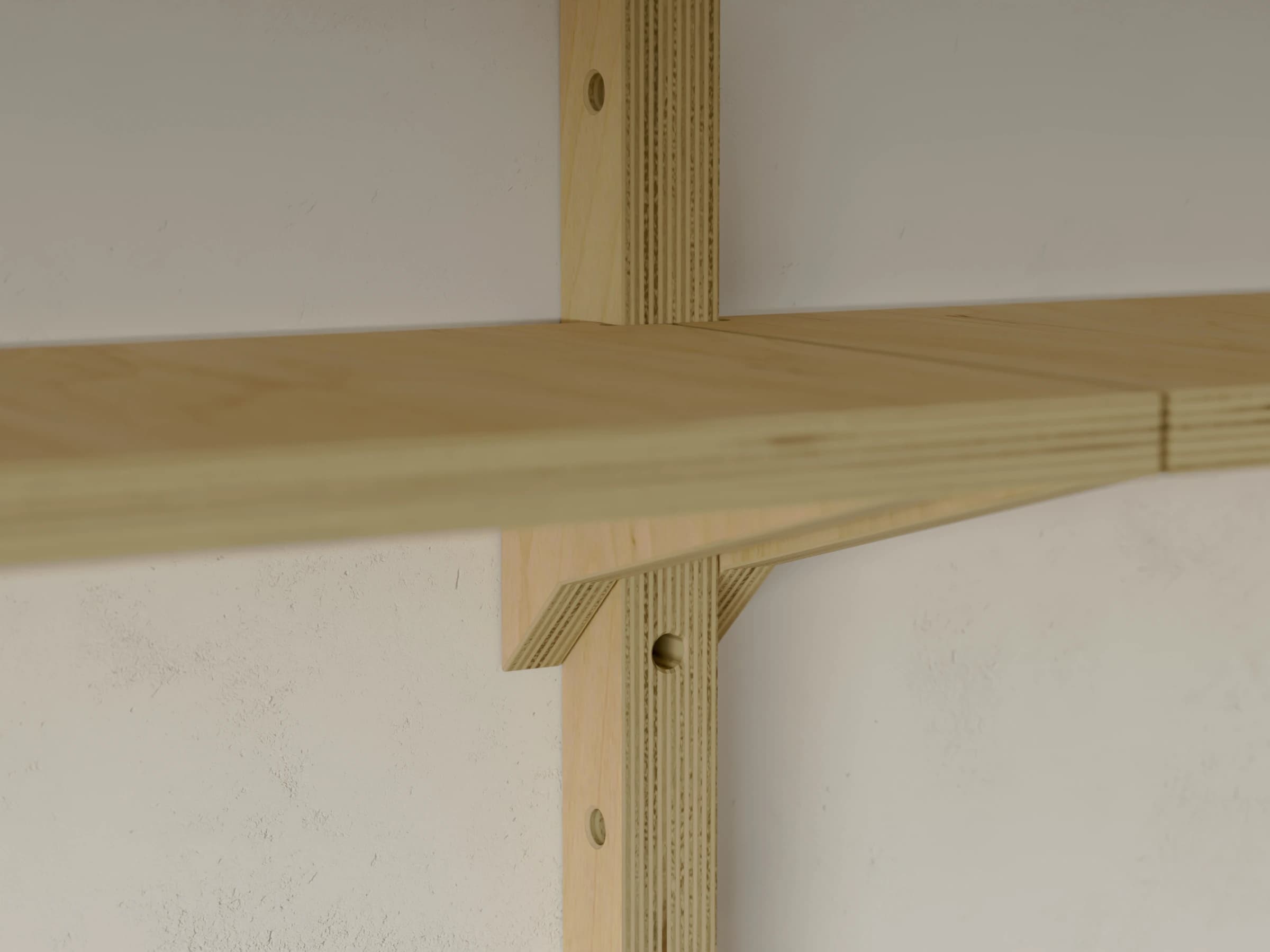 A shelf resting on its plywood bracket, hung on a rail