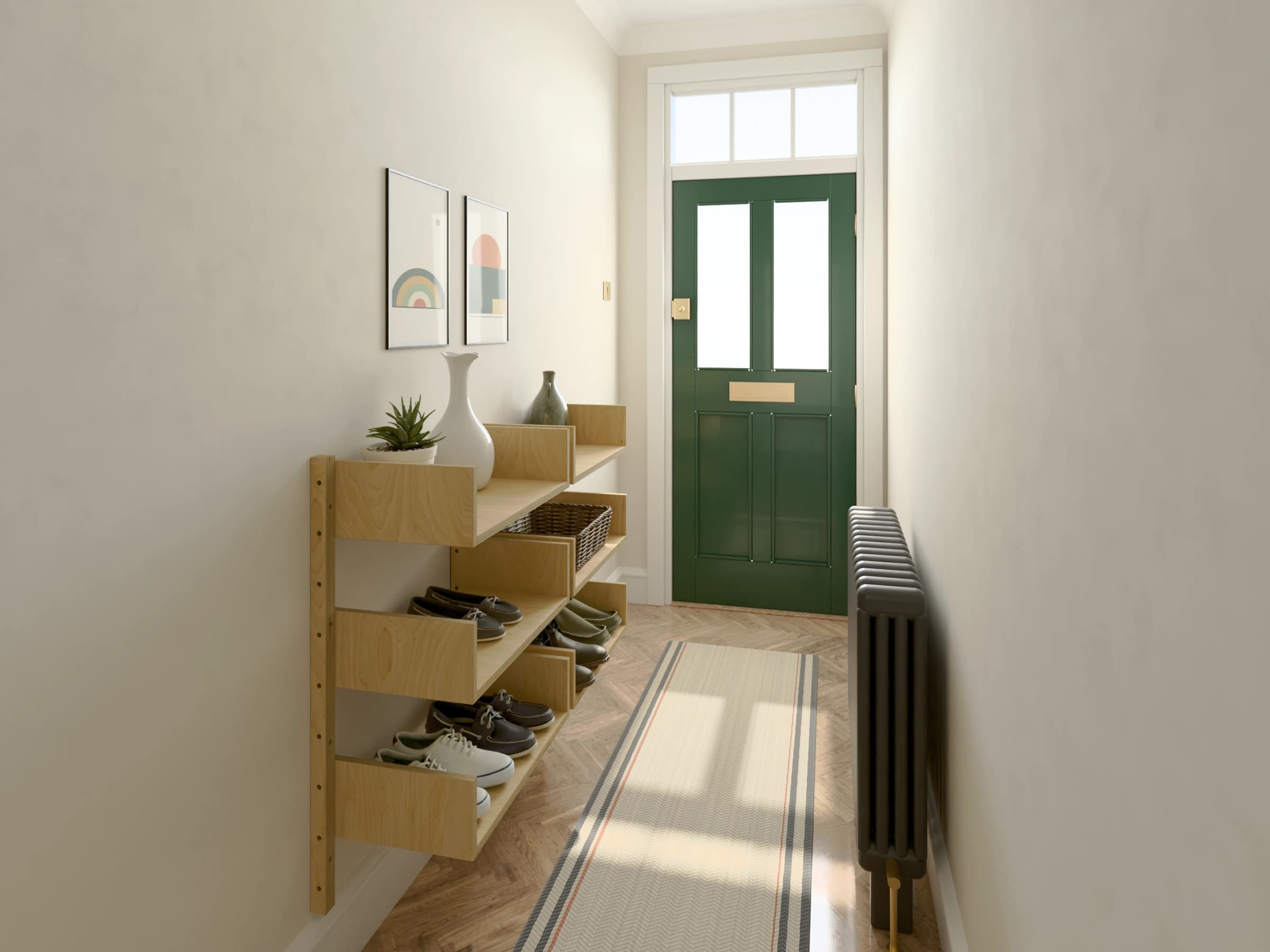 Two bays of bookended birch plywood shelves on short rails in a narrow hallway, holding shoes, a basket and plants, with a green front door beyond