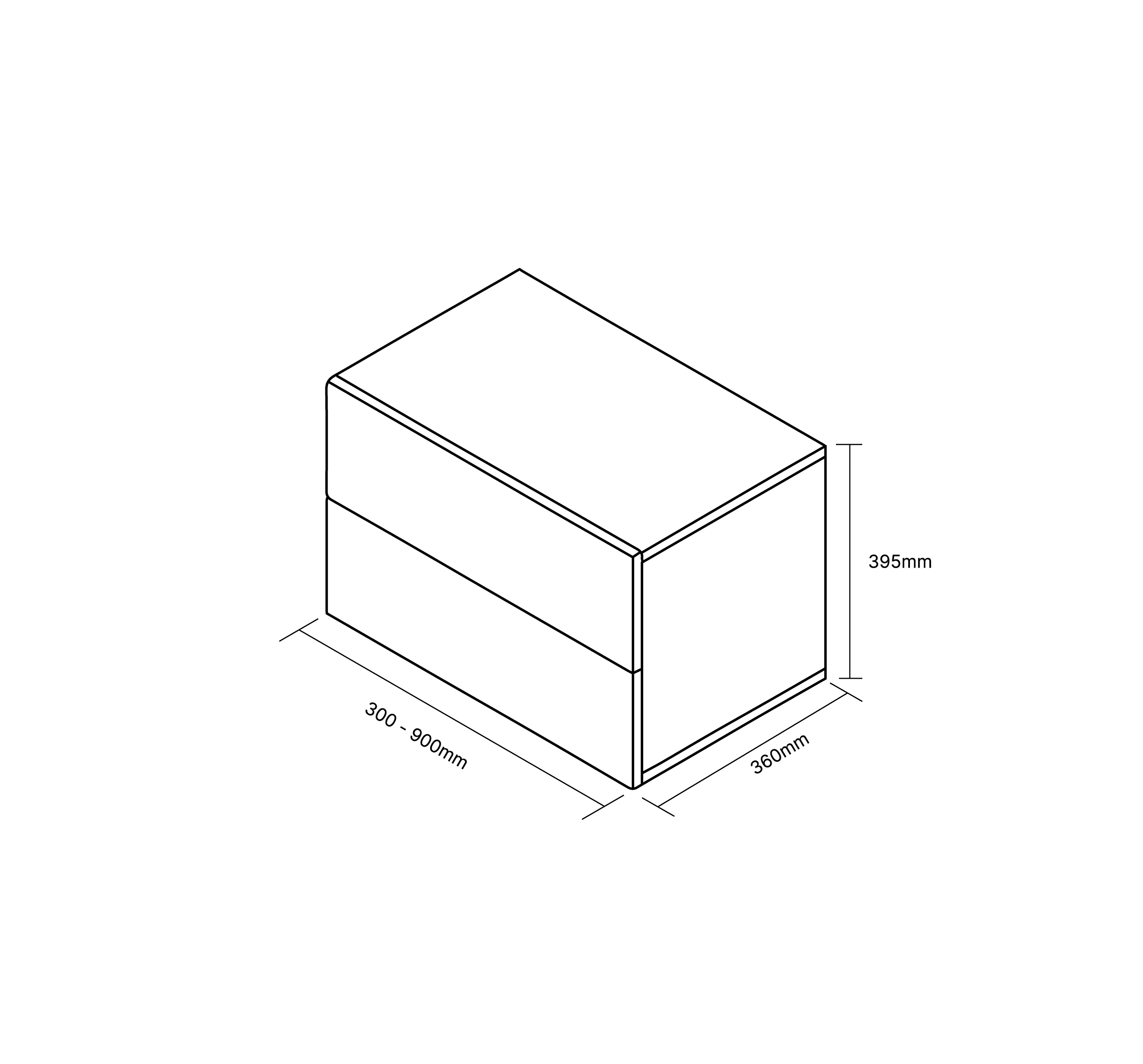 Dimensioned MESTRA cabinet showing 300 to 900 millimetre width, 360 millimetre depth, and 395 millimetre height