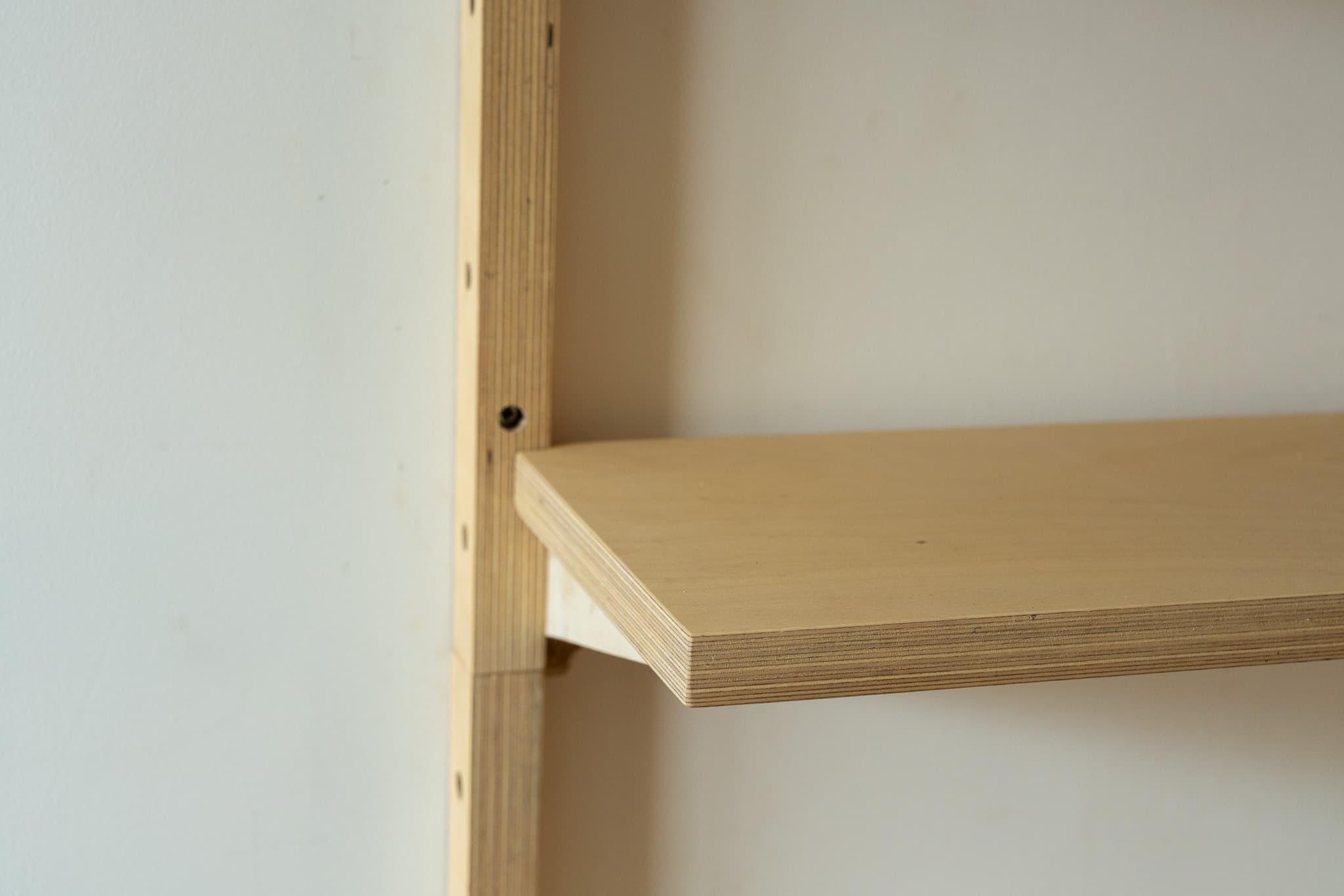 Mestra adjustable shelf detail showing birch plywood shelf and rail fixing