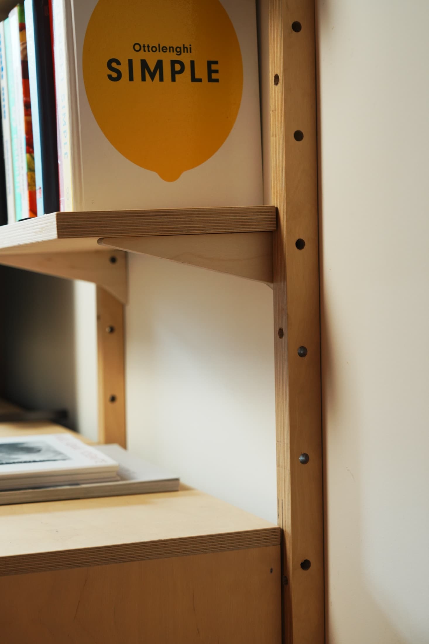 Close-up of Mestra wall-mounted birch plywood shelving with books and rail fixings