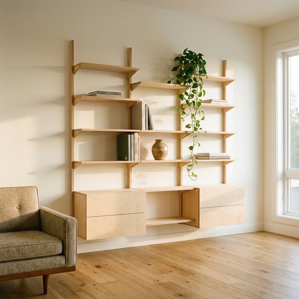 Mestra birch plywood shelving arranged as a bookcase wall with books and cabinets