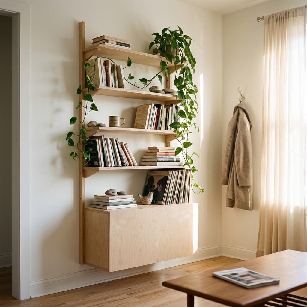 MESTRA wall-mounted shelving layout in a room