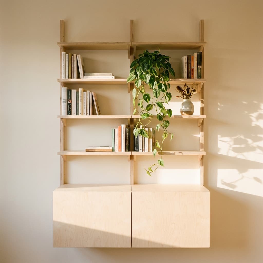 MESTRA wall-mounted shelving layout in a room