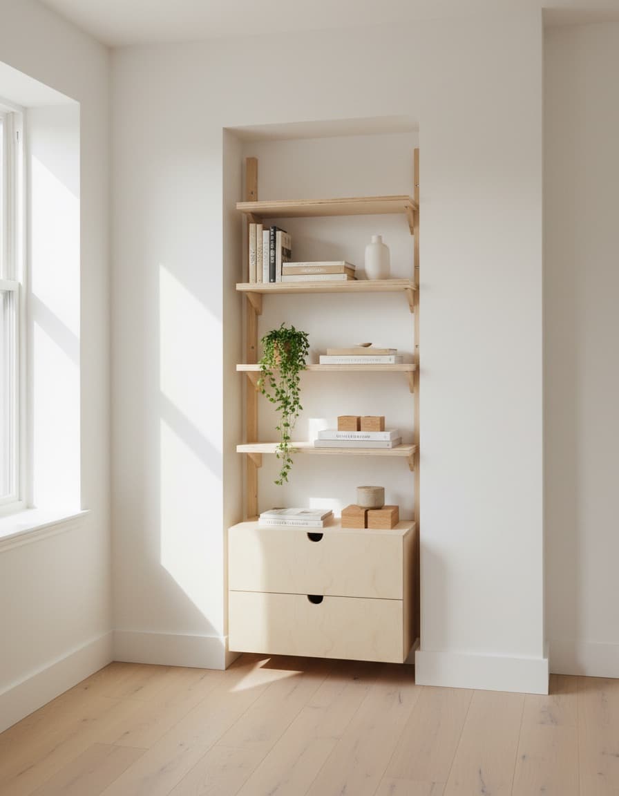 MESTRA wall-mounted shelving layout in a room