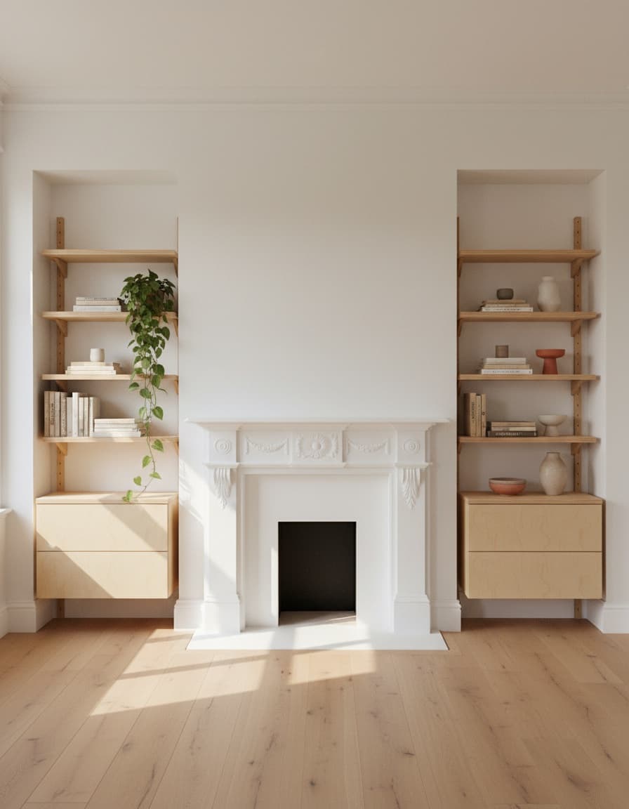 Mestra birch plywood shelving arranged in a room alcove