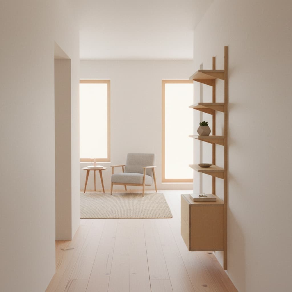 MESTRA wall-mounted shelving layout in a room