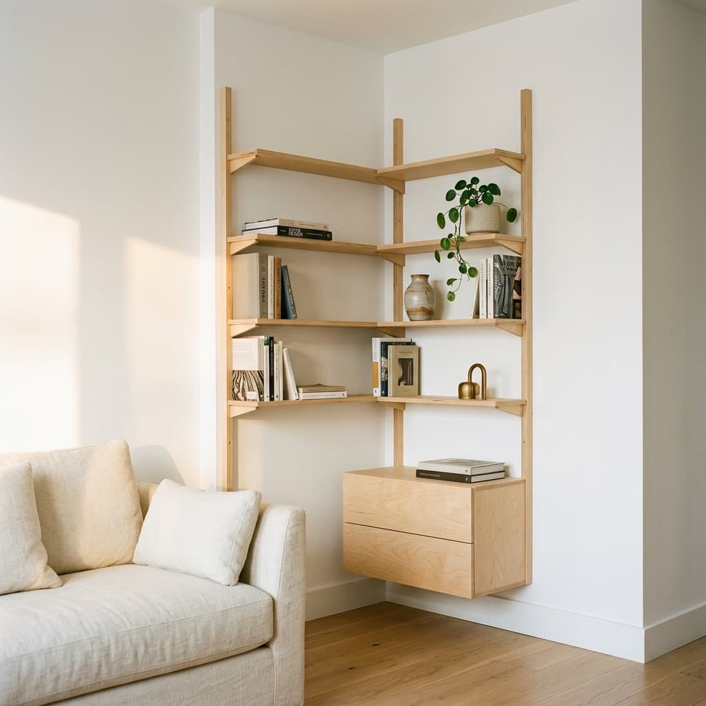 MESTRA wall-mounted shelving layout in a room
