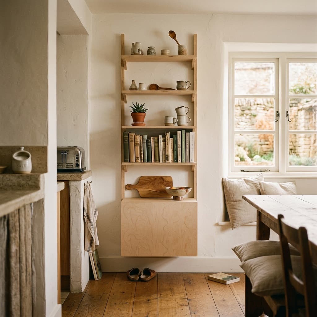 MESTRA wall-mounted shelving layout in a room