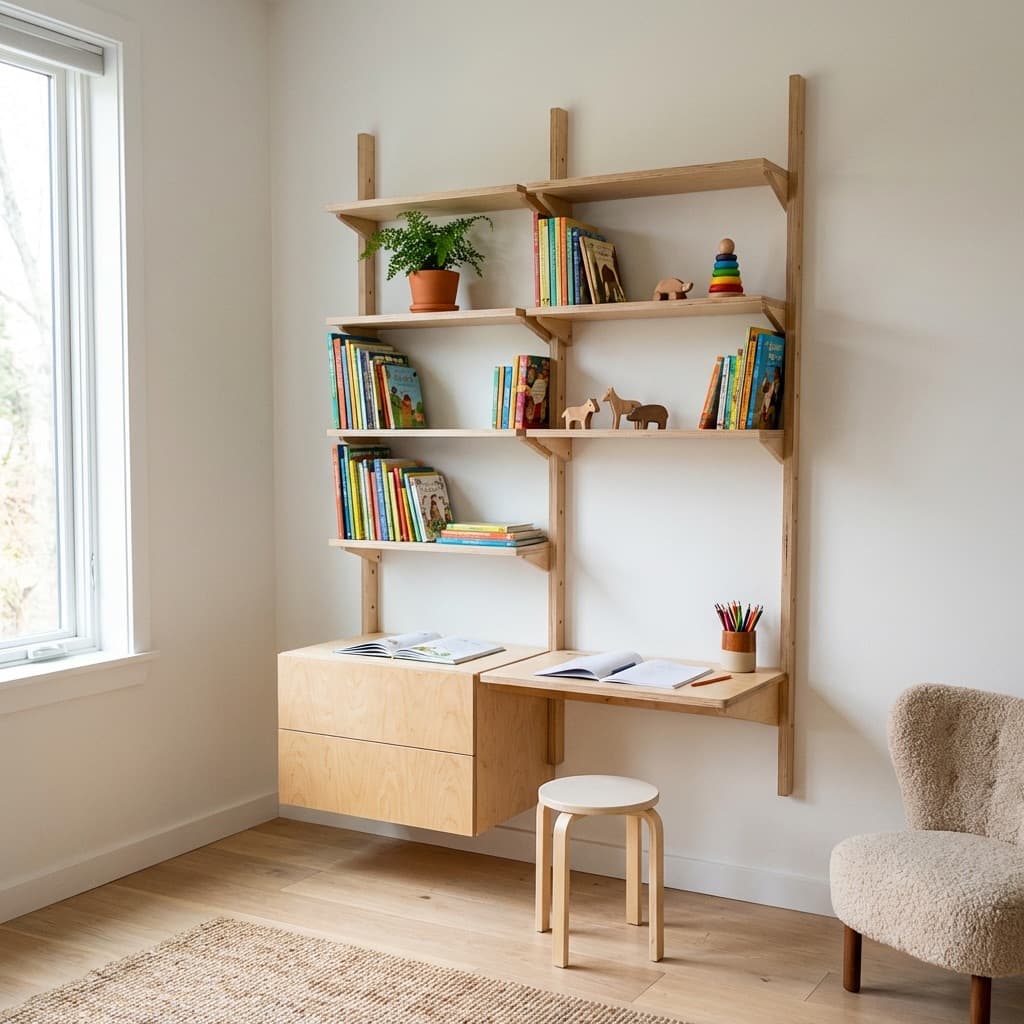 MESTRA wall-mounted shelving layout in a room