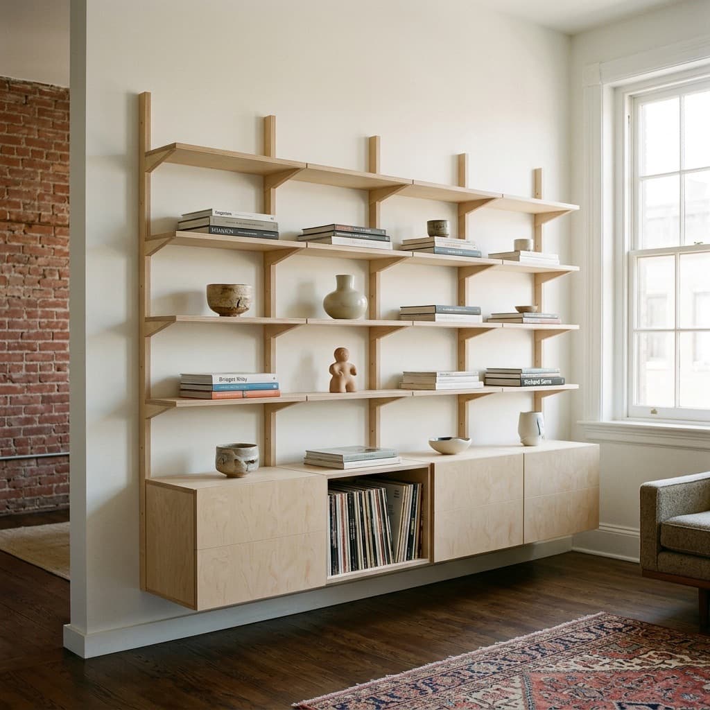 MESTRA wall-mounted shelving layout in a room