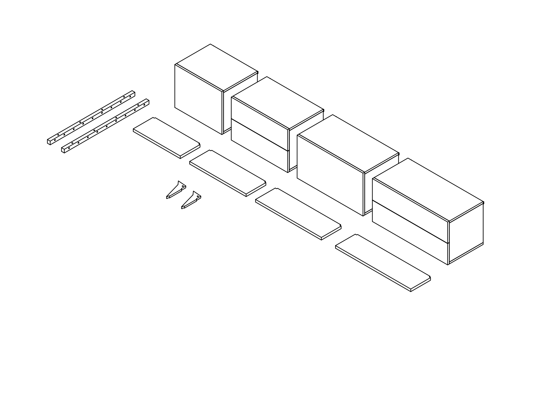 MESTRA shelving rails, shelves, and storage modules laid out before assembly