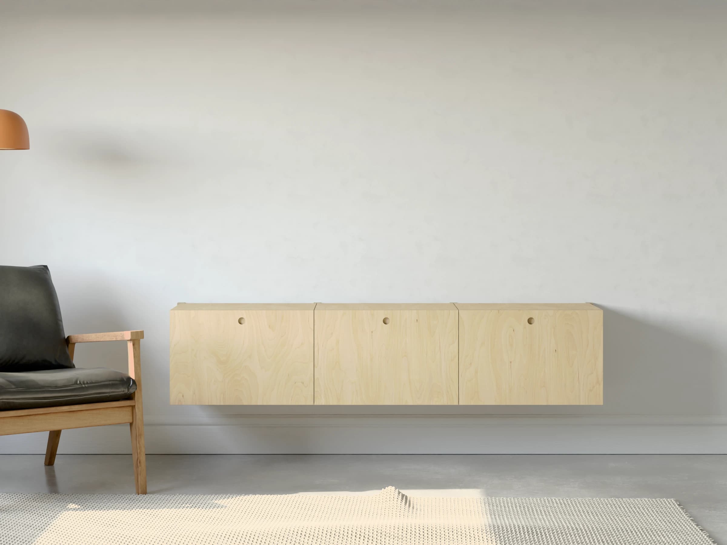 Three birch plywood drawer cabinets from the front, hung clear of the floor