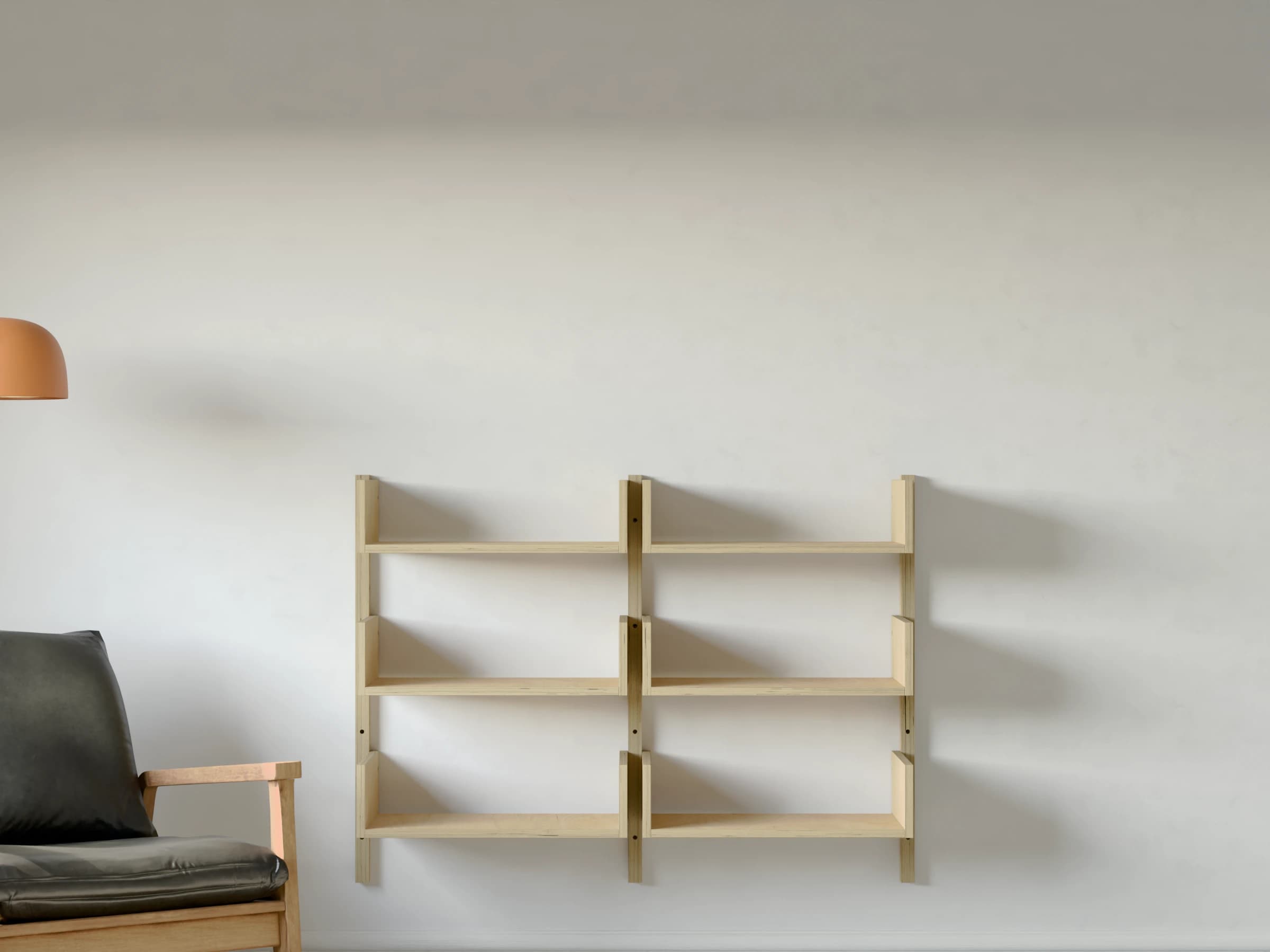 Two bays of bookended birch plywood shelves on 900 mm rails from the front, three in each bay